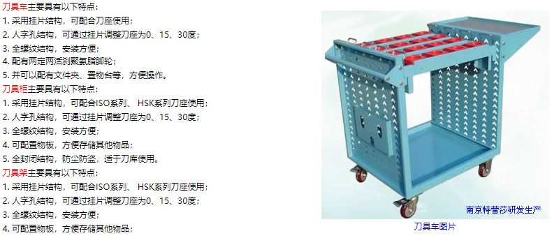 刀具車主要具有以下特點： 1. 采用掛片結構，可配合刀座使用； 2. 人字孔結構，可通過掛片調整刀座為0、15、30度； 3. 全螺紋結構，安裝方便； 4. 配有兩定兩活剎聚氨脂腳輪； 5. 并可以配有文件夾、置物臺等，方便操作。 刀具柜主要具有以下特點： 1. 采用掛片結構，可配合ISO系列、 HSK系列刀座使用； 2. 人字孔結構，可通過掛片調整刀座為0、15、30度； 3. 全螺紋結構，安裝方便； 4. 可配置物板，方便存儲其他物品； 5. 全封閉結構，防塵防盜，適于刀庫使用。 刀具架主要具有以下特點： 1. 采用掛片結構，可配合ISO系列、 HSK系列刀座使用； 2. 人字孔結構，可通過掛片調整刀座為0、15、30度； 3. 全螺紋結構，安裝方便； 4. 可配置物板，方便存儲其他物品；